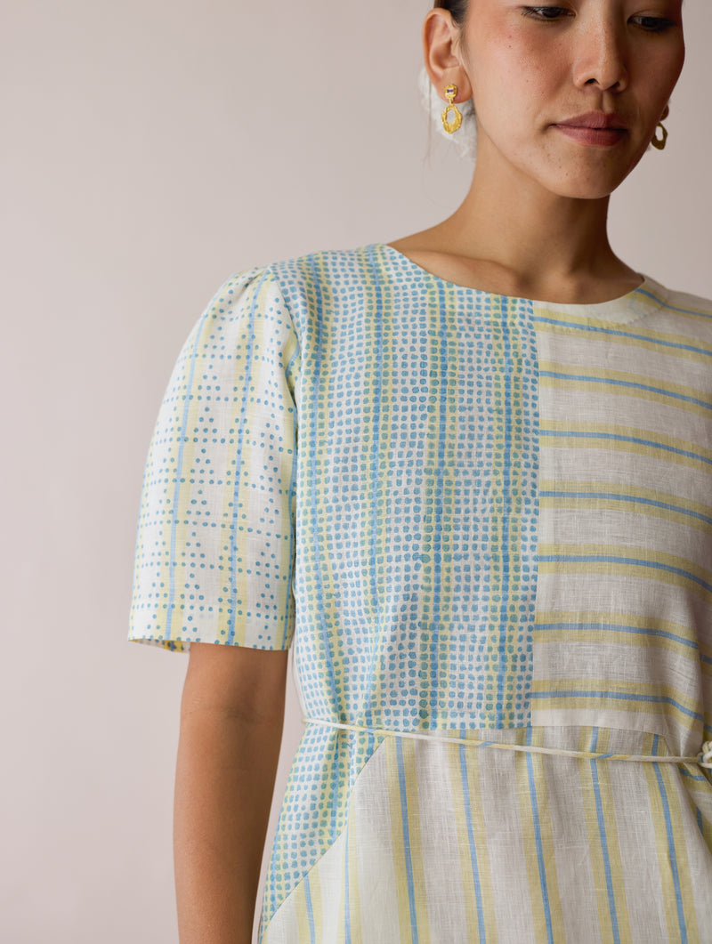 Sola Patchwork Block-Printed Linen Dress-Ivory linen dress by Manan in ivory for women Worldwide