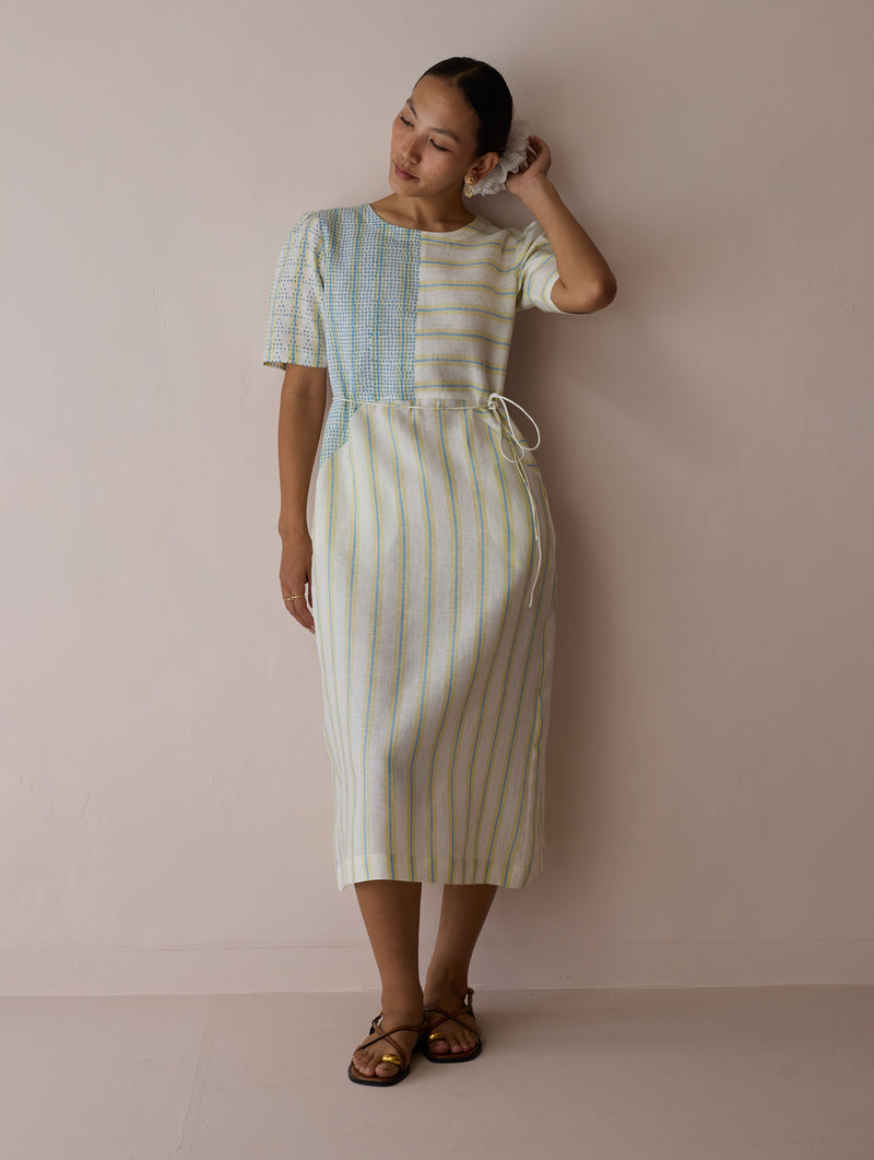 Sola Patchwork Block-Printed Linen Dress-Ivory linen dress by Manan in ivory for women Worldwide