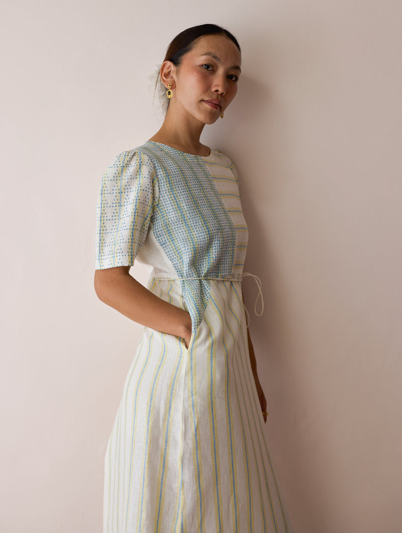 Sola Patchwork Block-Printed Linen Dress-Ivory linen dress by Manan in ivory for women Worldwide
