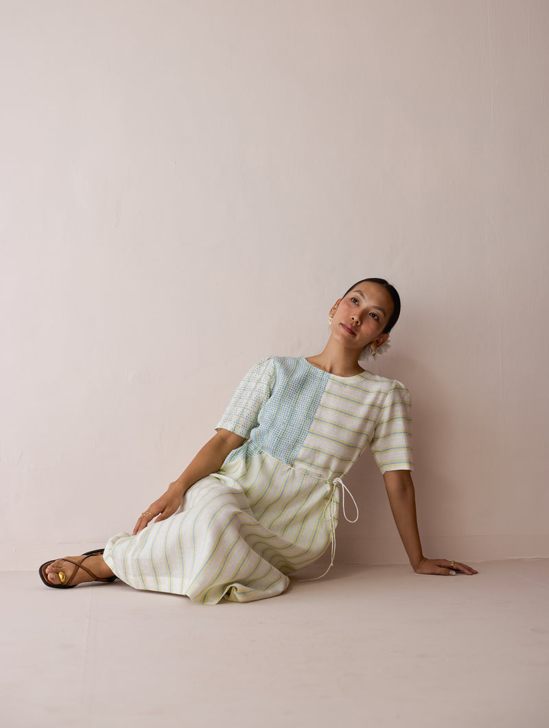 Sola Patchwork Block-Printed Linen Dress-Ivory linen dress by Manan in ivory for women Worldwide