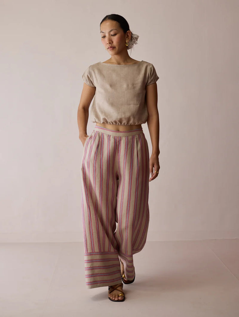 Carmi Wide Leg Stripe Linen Pants-Natural linen pant/trouser by Manan in off white for women Worldwide