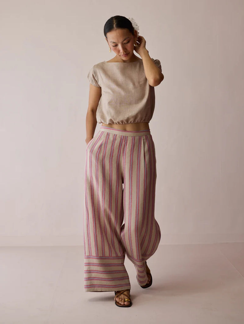 Carmi Wide Leg Stripe Linen Pants-Natural linen pant/trouser by Manan in off white for women Worldwide