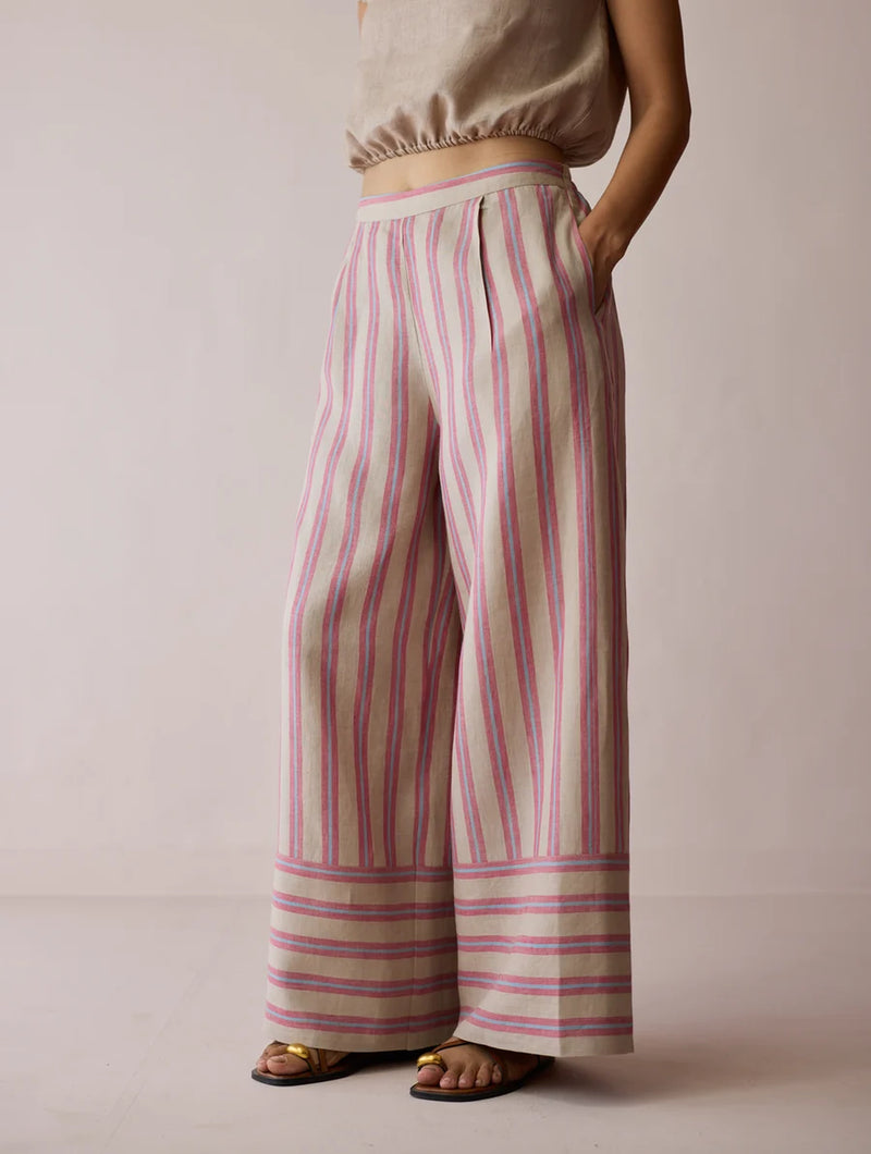 Carmi Wide Leg Stripe Linen Pants-Natural linen pant/trouser by Manan in off white for women Worldwide