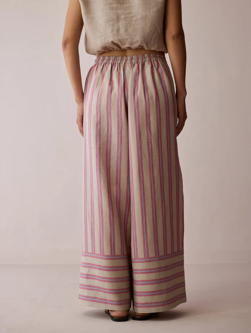 Carmi Wide Leg Stripe Linen Pants-Natural linen pant/trouser by Manan in off white for women Worldwide
