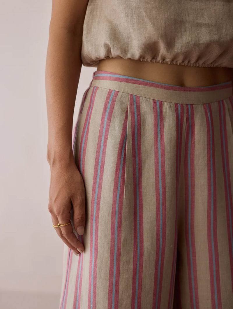 Carmi Wide Leg Stripe Linen Pants-Natural linen pant/trouser by Manan in off white for women Worldwide