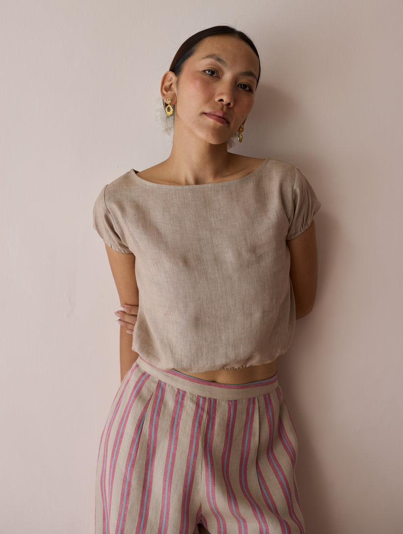 Rimi Linen Crop Top-Natural linen top/shirt by Manan in off white for women Worldwide