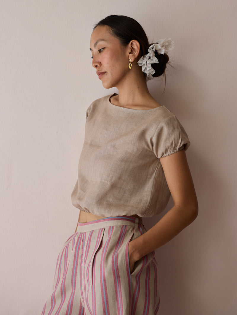 Rimi Linen Crop Top-Natural linen top/shirt by Manan in off white for women Worldwide