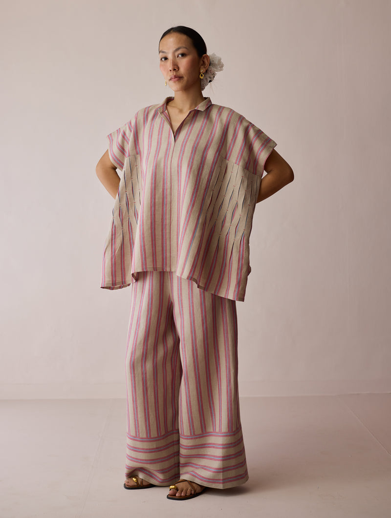 Venn Pleated Linen Co-ord-Natural linen co-ord set by Manan in off white for women Worldwide