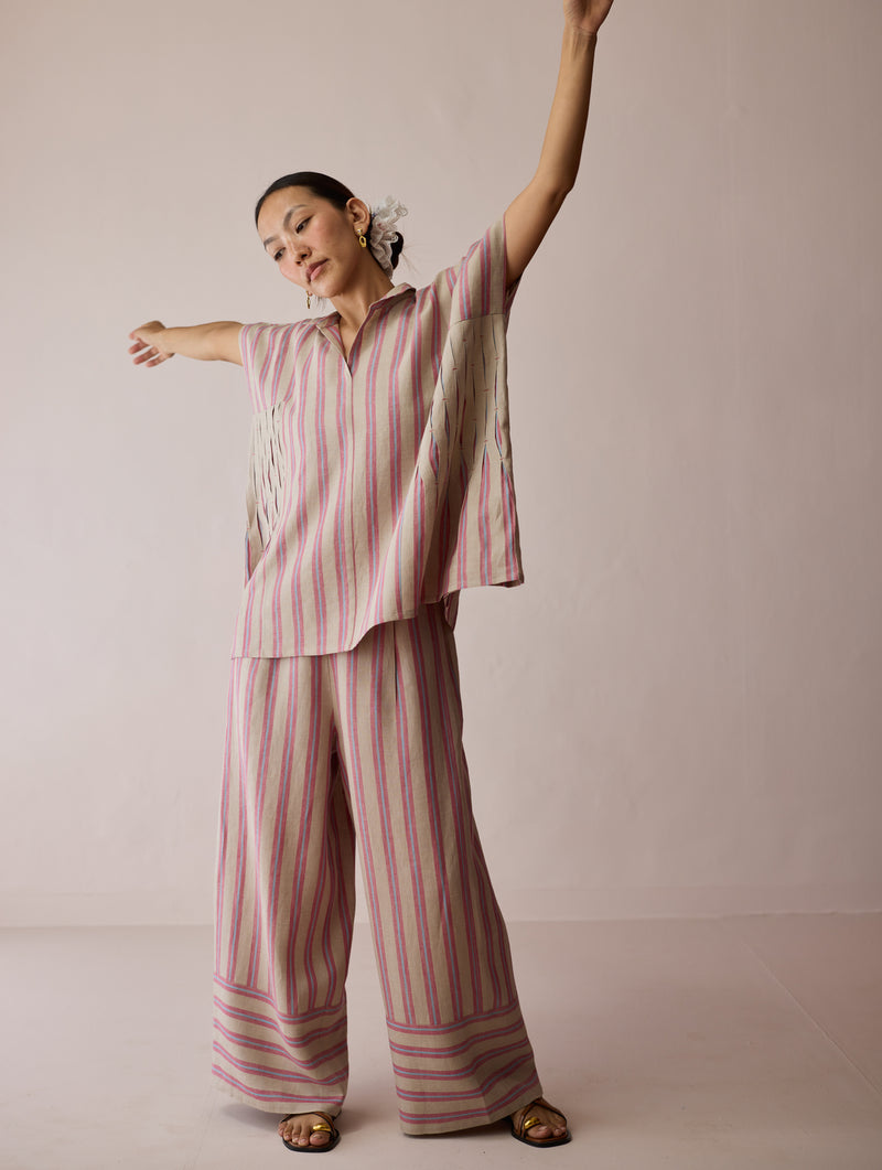 Venn Pleated Linen Co-ord-Natural linen co-ord set by Manan in off white for women Worldwide