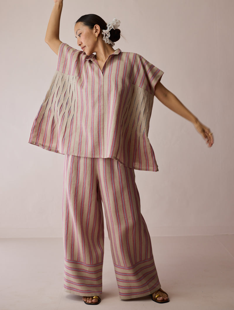 Venn Pleated Linen Co-ord-Natural linen co-ord set by Manan in off white for women Worldwide