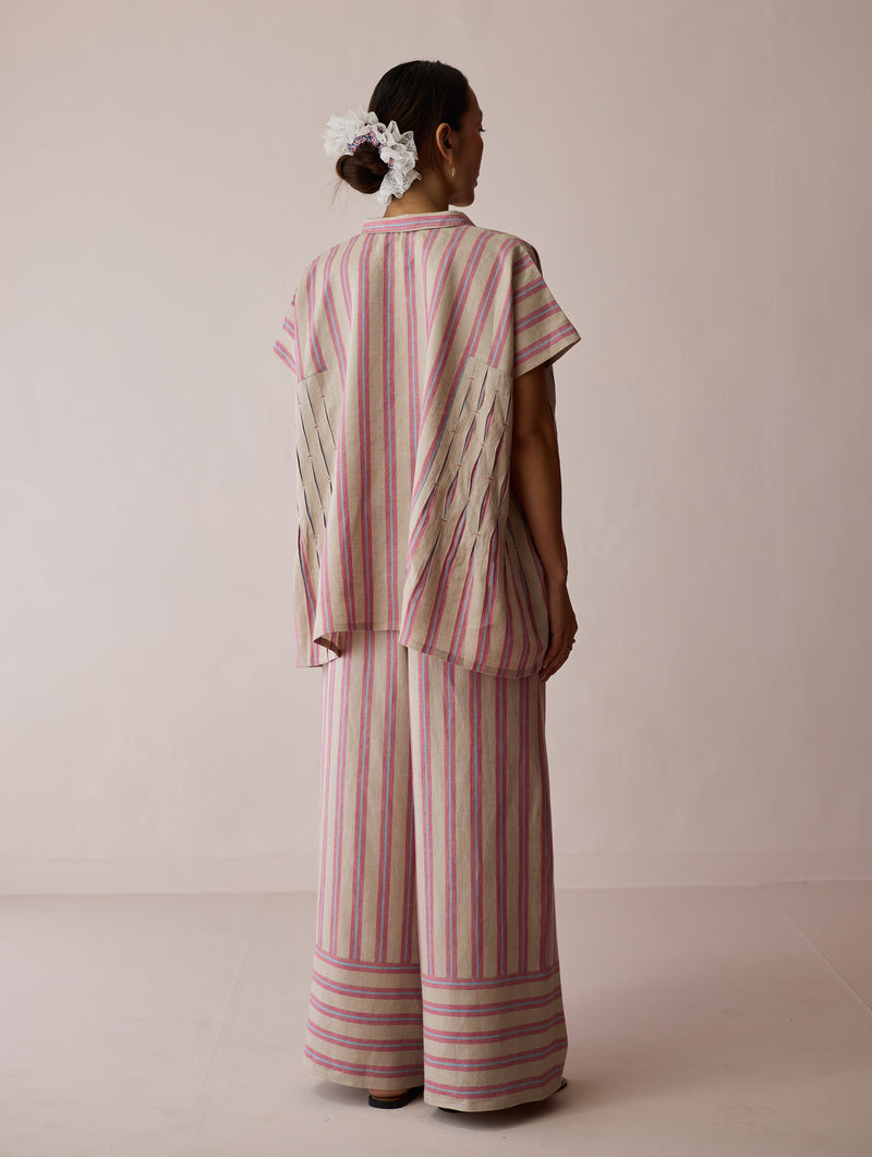 Venn Pleated Linen Co-ord-Natural linen co-ord set by Manan in off white for women Worldwide