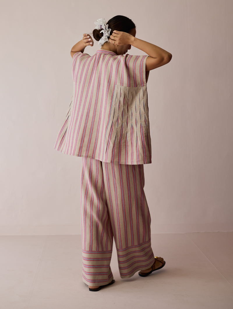 Venn Pleated Linen Co-ord-Natural linen co-ord set by Manan in off white for women Worldwide