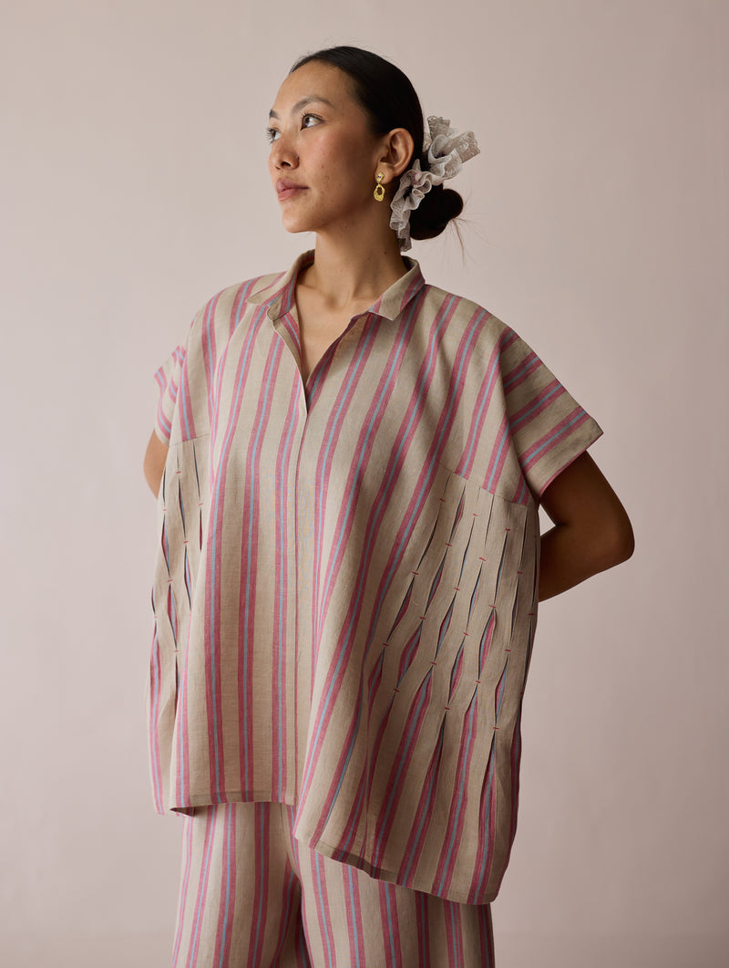 Venn Pleated Stripe Linen Top-Natural linen top/shirt by Manan in off white for women Worldwide