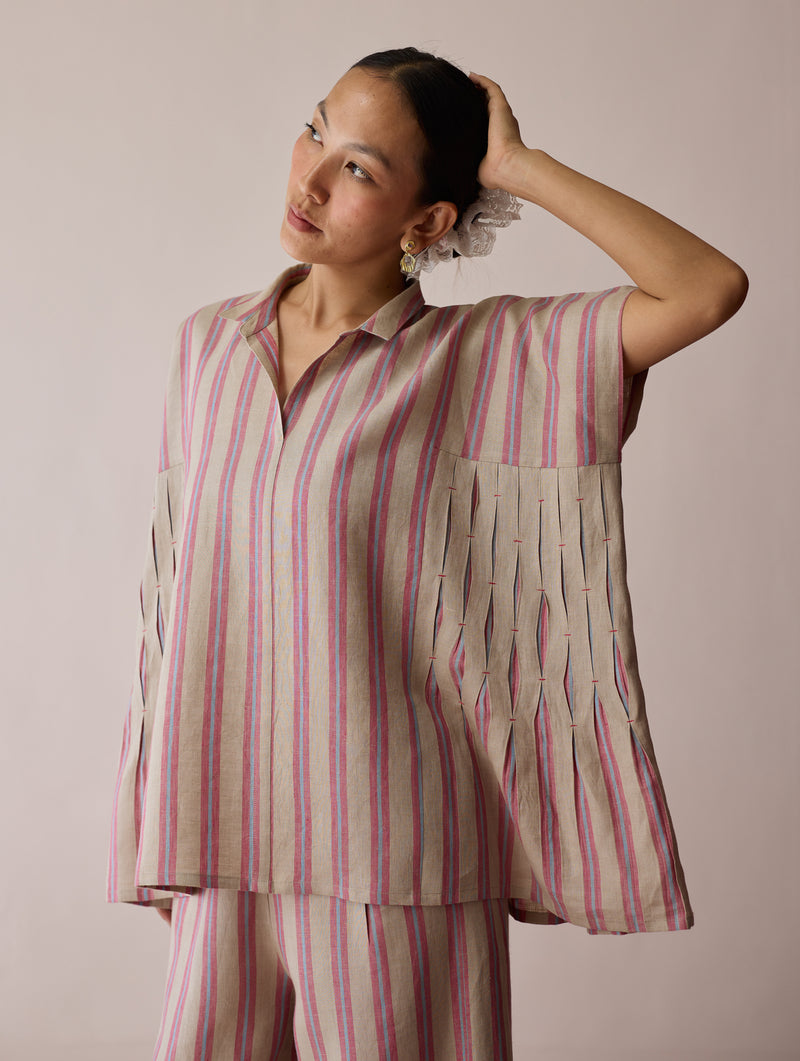 Venn Pleated Stripe Linen Top-Natural linen top/shirt by Manan in off white for women Worldwide