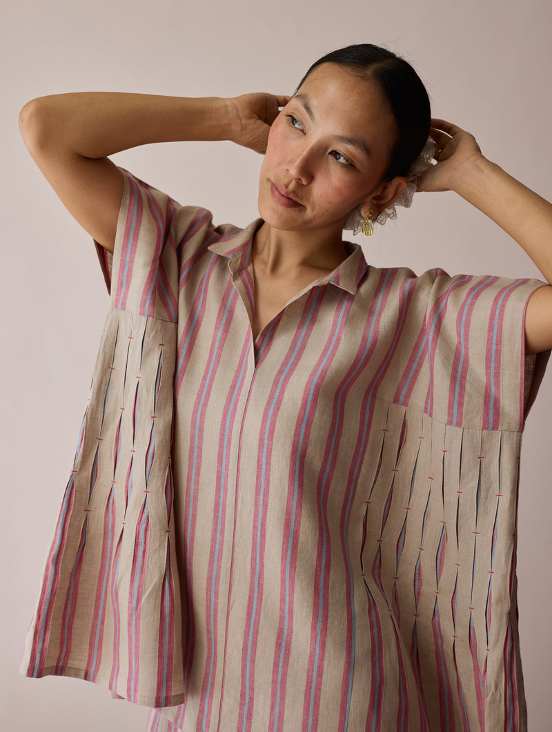 Venn Pleated Linen Co-ord-Natural linen co-ord set by Manan in off white for women Worldwide
