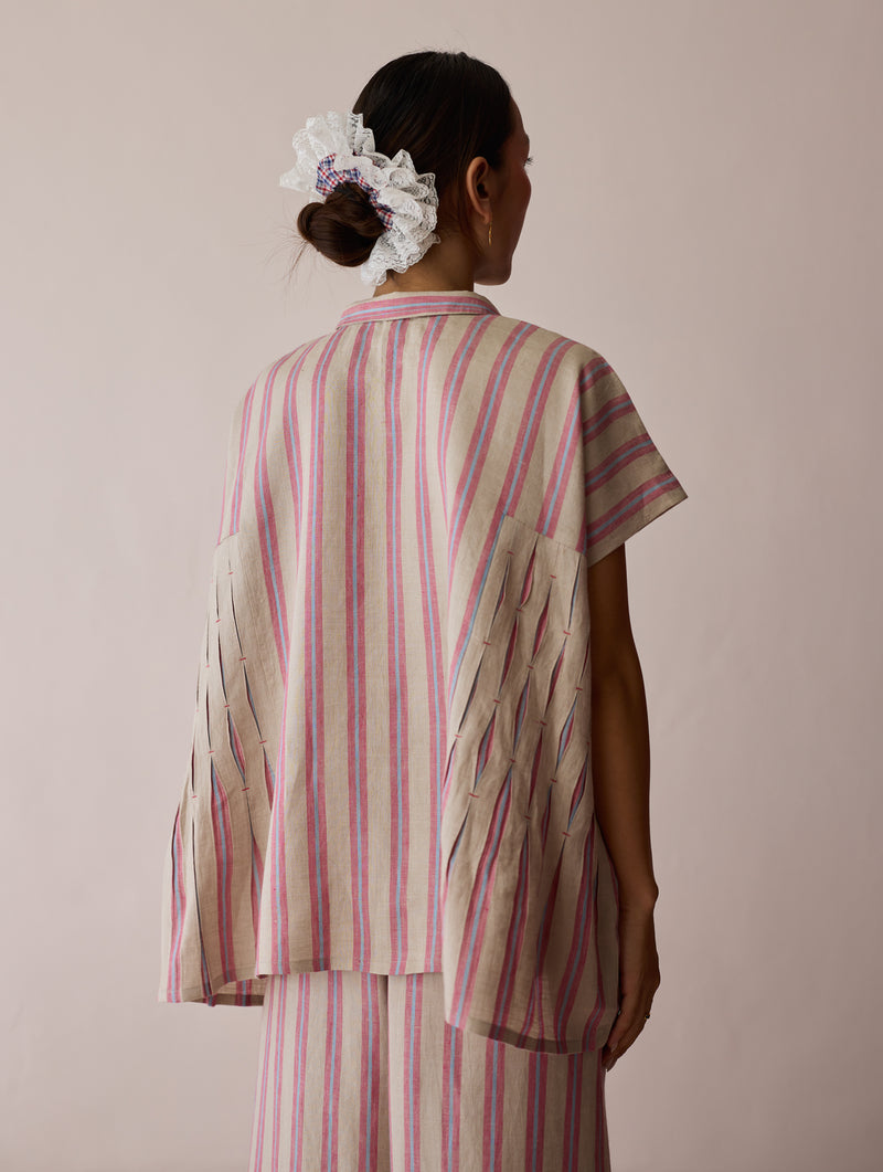 Venn Pleated Stripe Linen Top-Natural linen top/shirt by Manan in off white for women Worldwide