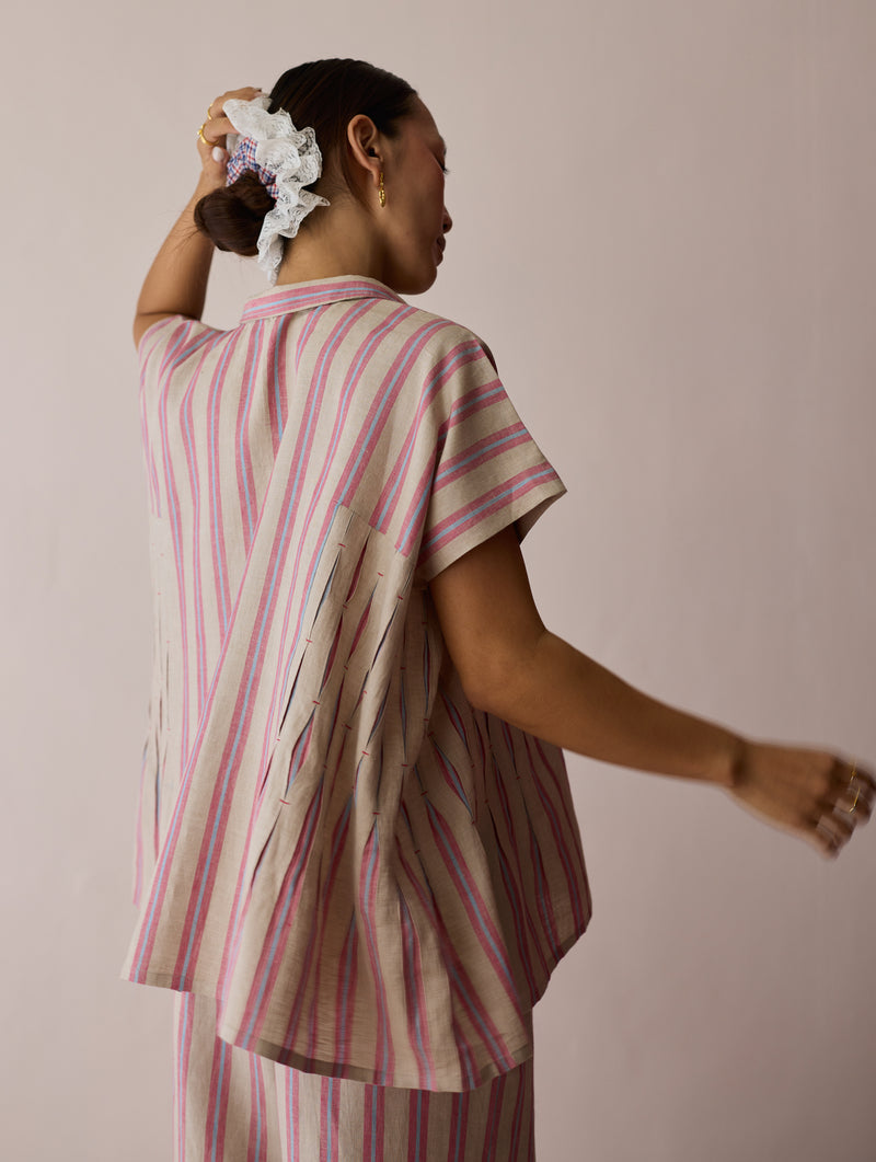 Venn Pleated Stripe Linen Top-Natural linen top/shirt by Manan in off white for women Worldwide
