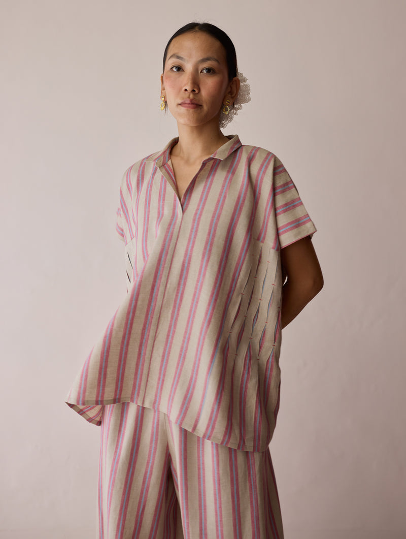 Venn Pleated Linen Co-ord-Natural linen co-ord set by Manan in off white for women Worldwide