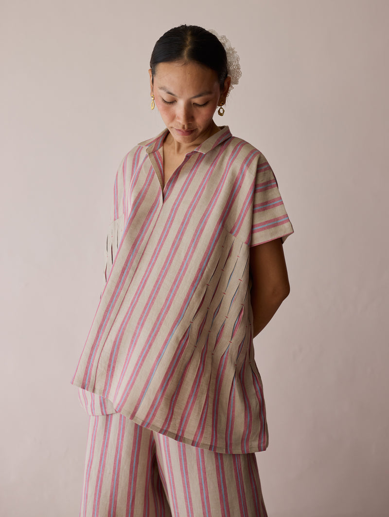 Venn Pleated Stripe Linen Top-Natural linen top/shirt by Manan in off white for women Worldwide