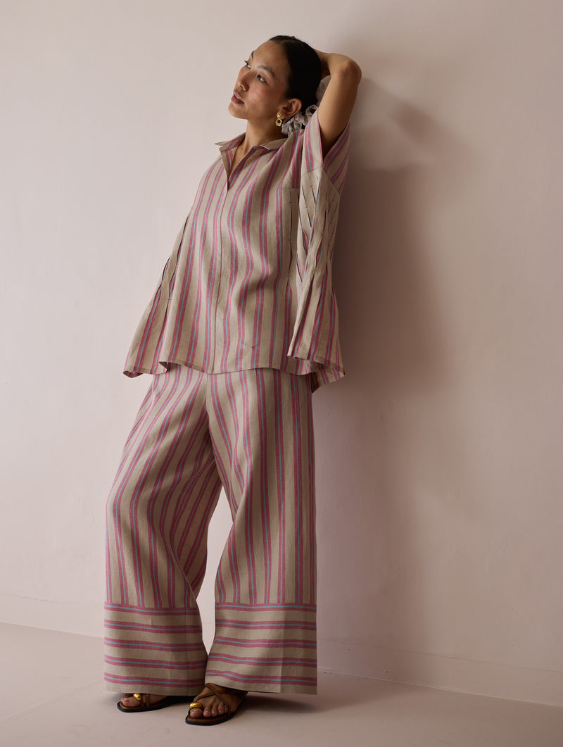 Venn Pleated Linen Co-ord-Natural linen co-ord set by Manan in off white for women Worldwide