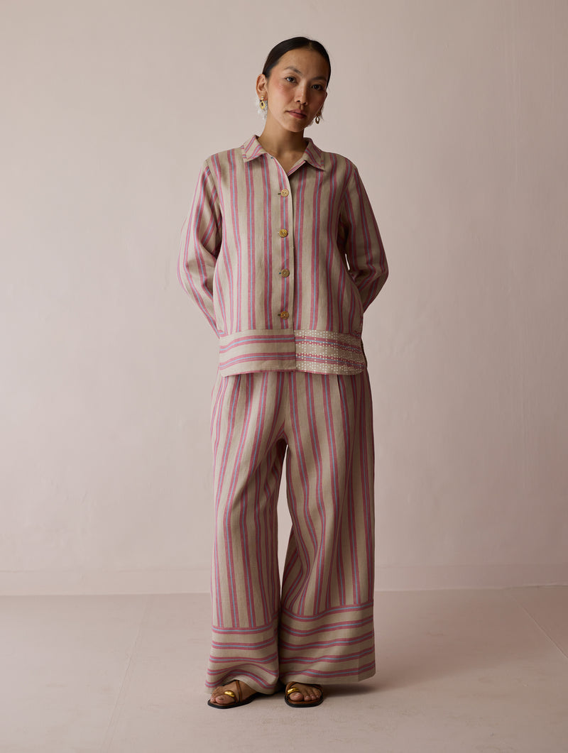 Erra Block-Printed Stripe Linen Shirt-Natural linen top/shirt by Manan in off white for women Worldwide