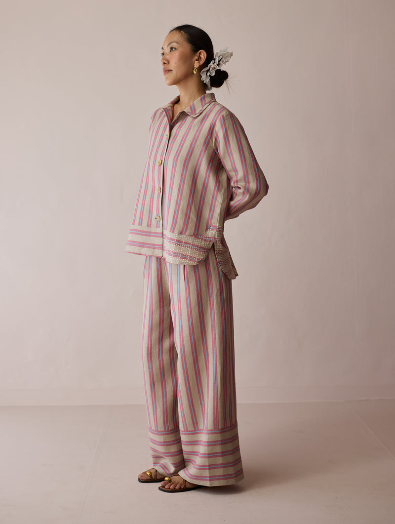 Erra Block-Printed Linen Co-ord-Natural linen co-ord set by Manan in off white for women Worldwide