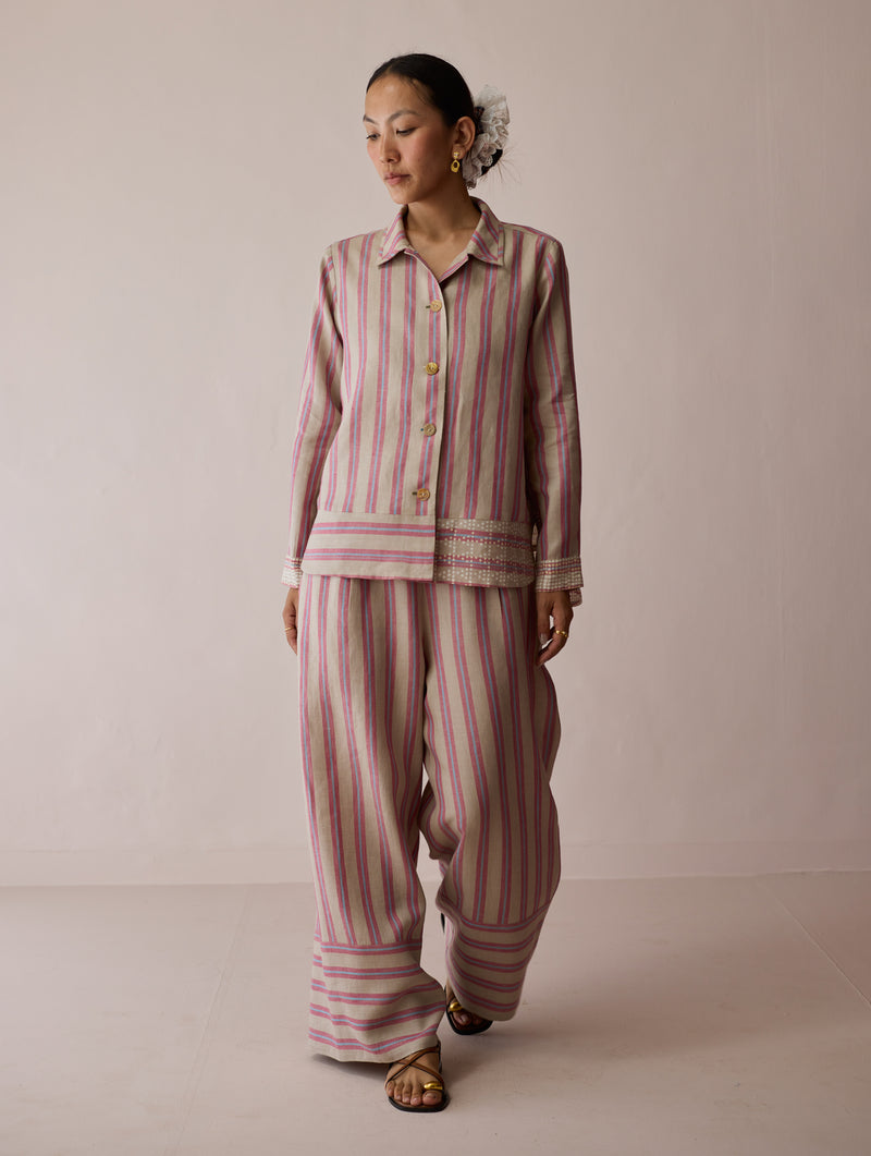 Erra Block-Printed Linen Co-ord-Natural linen co-ord set by Manan in off white for women Worldwide