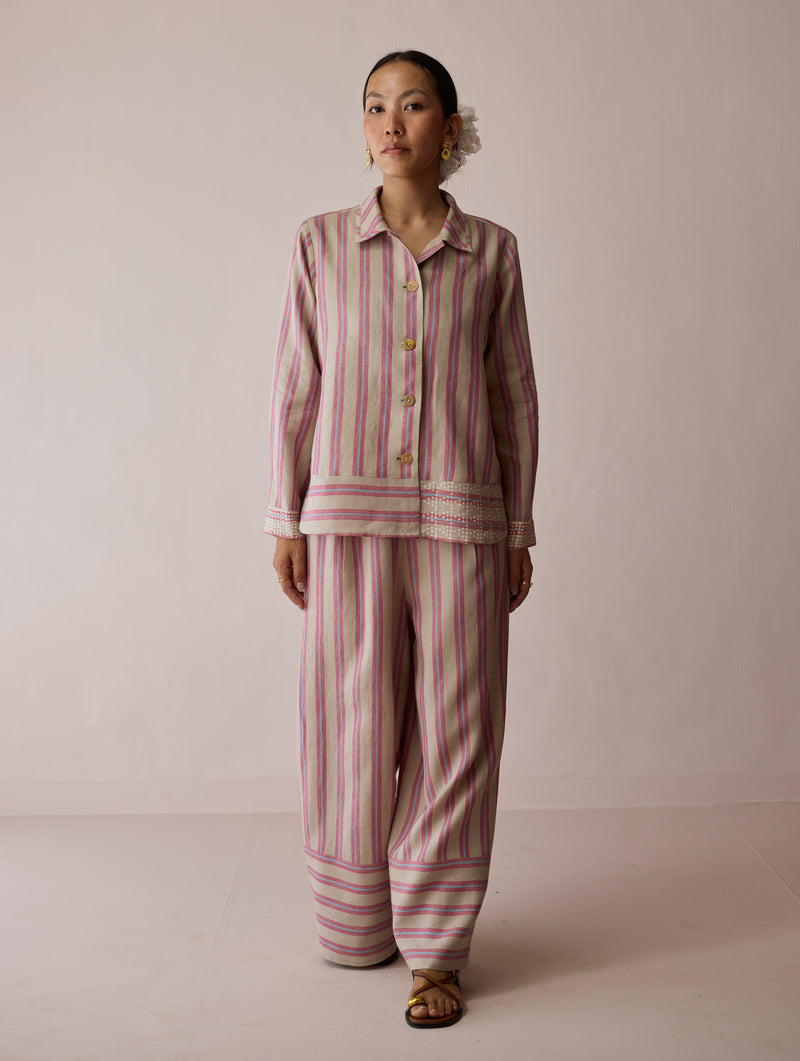 Erra Block-Printed Linen Co-ord-Natural linen co-ord set by Manan in off white for women Worldwide