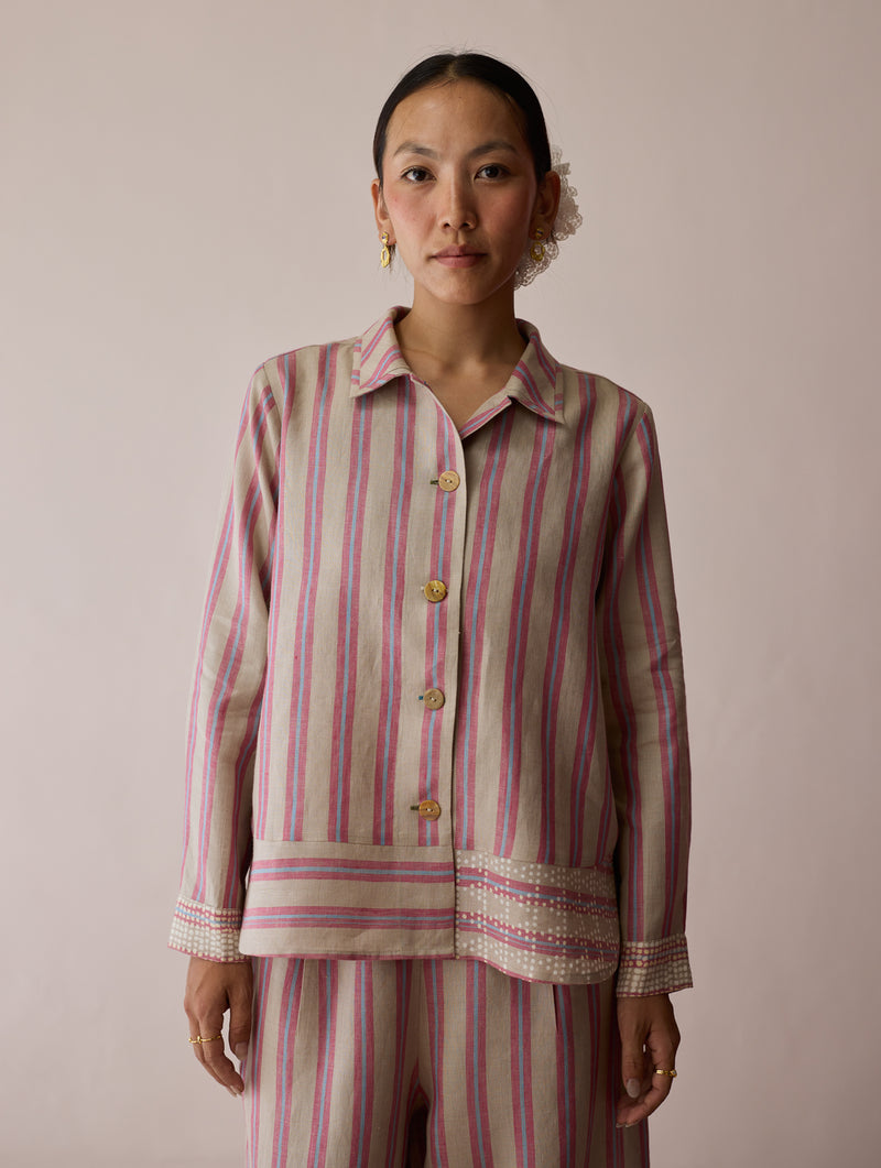 Erra Block-Printed Stripe Linen Shirt-Natural linen top/shirt by Manan in off white for women Worldwide