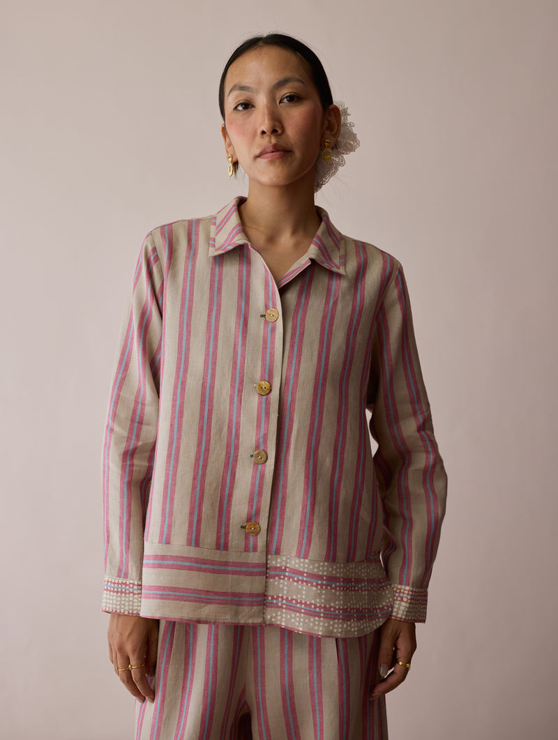Erra Block-Printed Linen Co-ord-Natural linen co-ord set by Manan in off white for women Worldwide