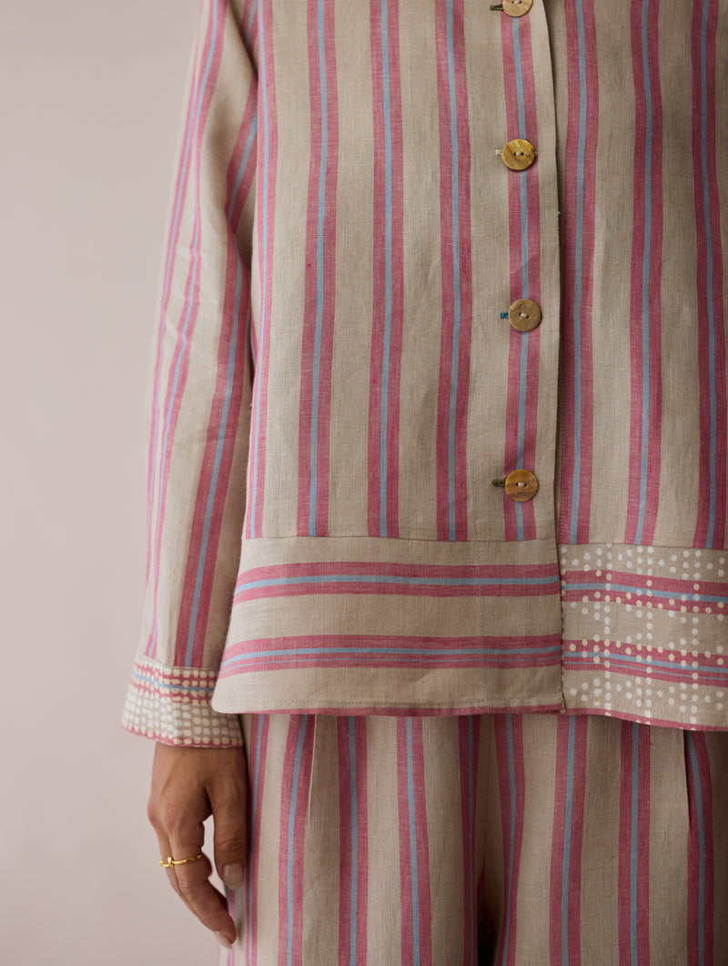 Erra Block-Printed Stripe Linen Shirt-Natural linen top/shirt by Manan in off white for women Worldwide
