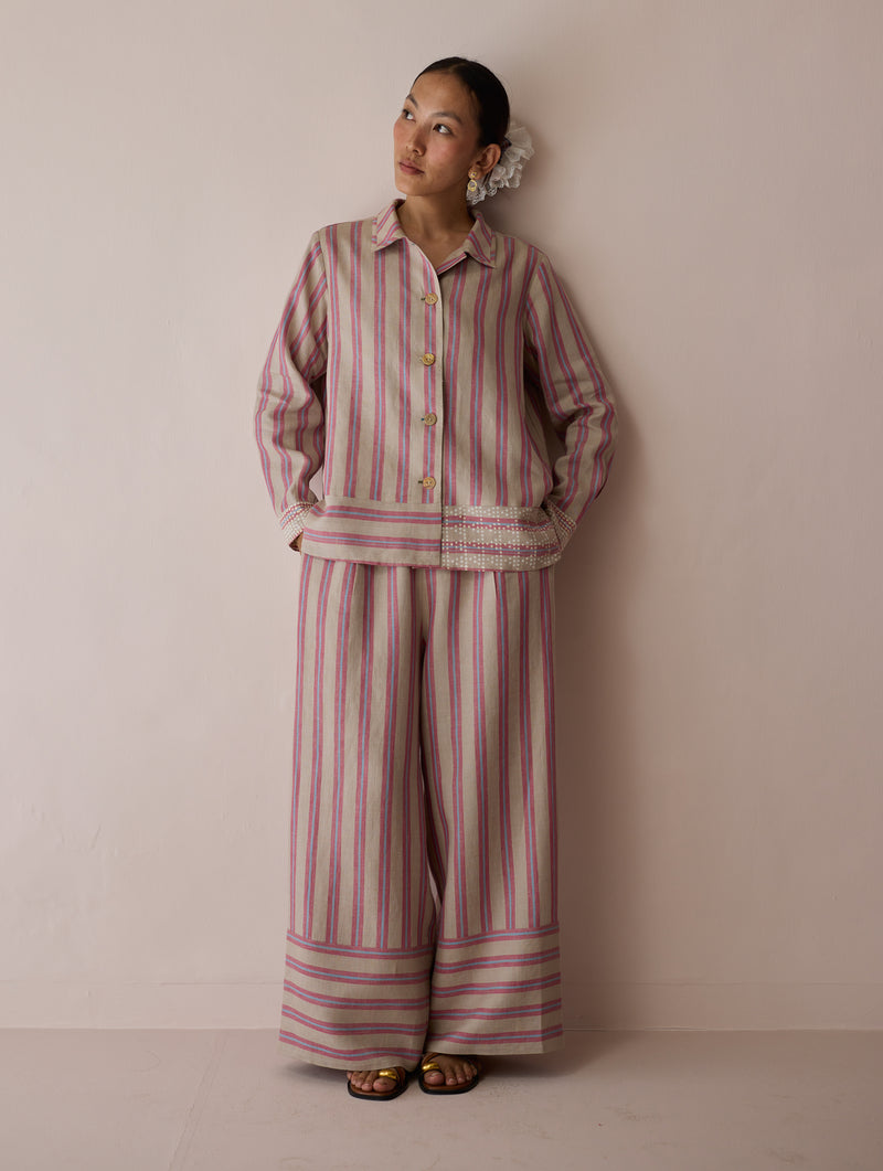 Erra Block-Printed Linen Co-ord-Natural linen co-ord set by Manan in off white for women Worldwide