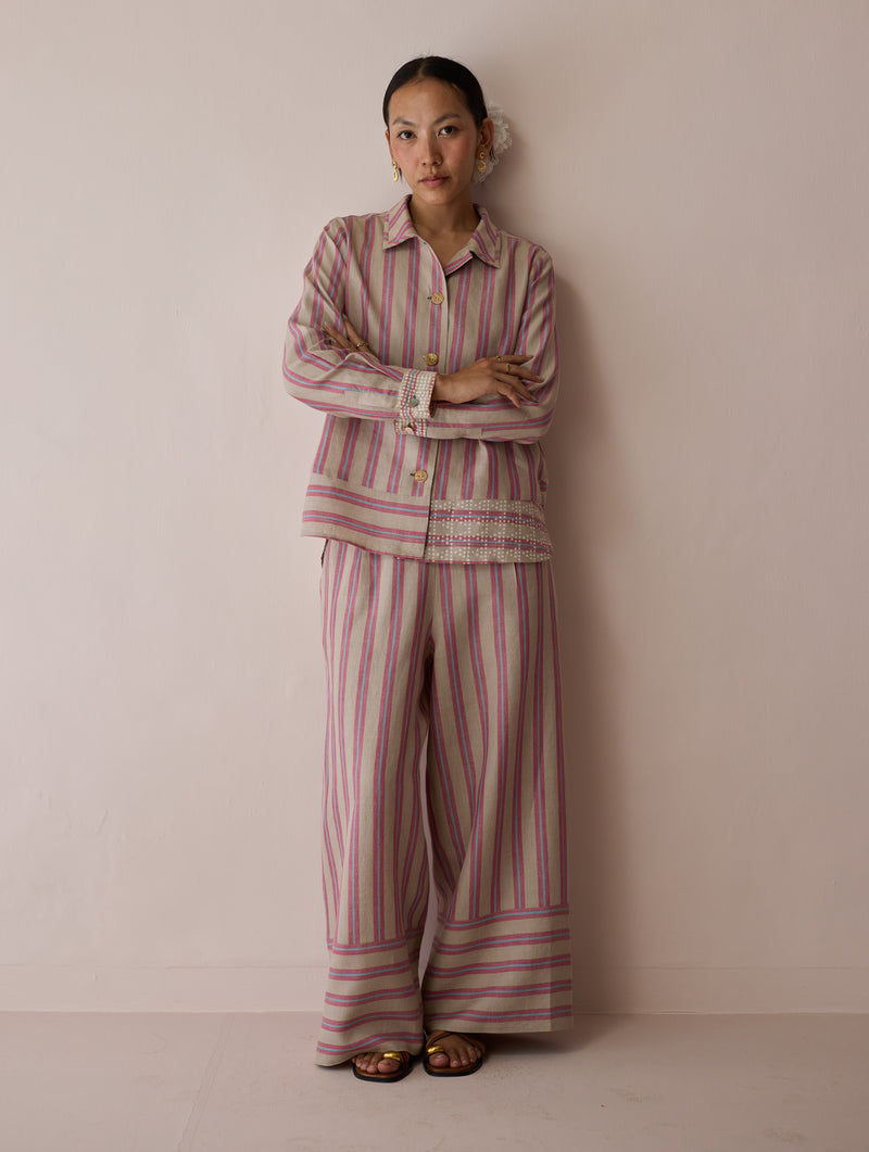 Erra Block-Printed Linen Co-ord-Natural linen co-ord set by Manan in off white for women Worldwide
