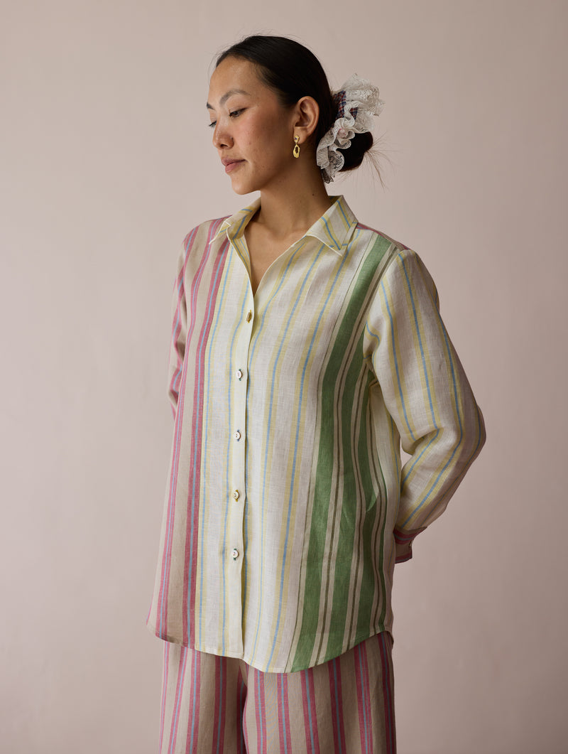 Leena Patchwork Stripe Linen Shirt linen top/shirt by Manan in ivory for women Worldwide