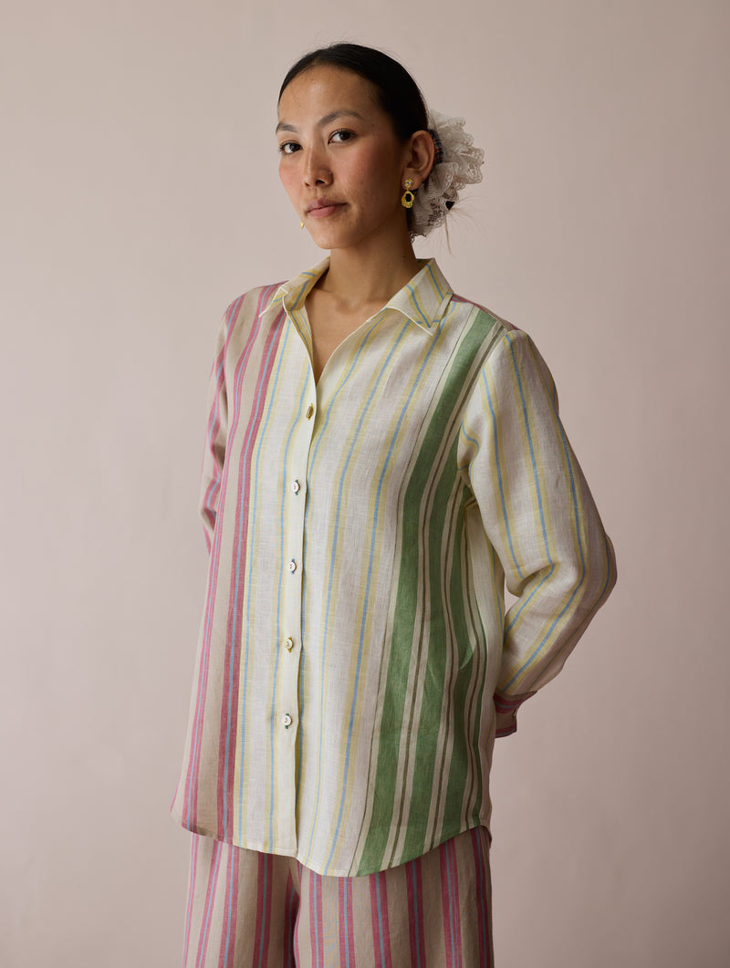 Leena Patchwork Stripe Linen Shirt linen top/shirt by Manan in ivory for women Worldwide