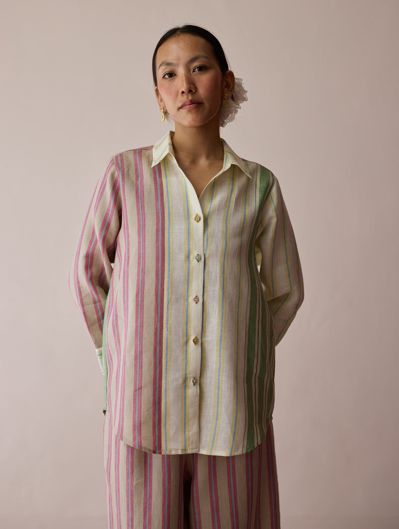 Leena Patchwork Stripe Linen Shirt linen top/shirt by Manan in ivory for women Worldwide