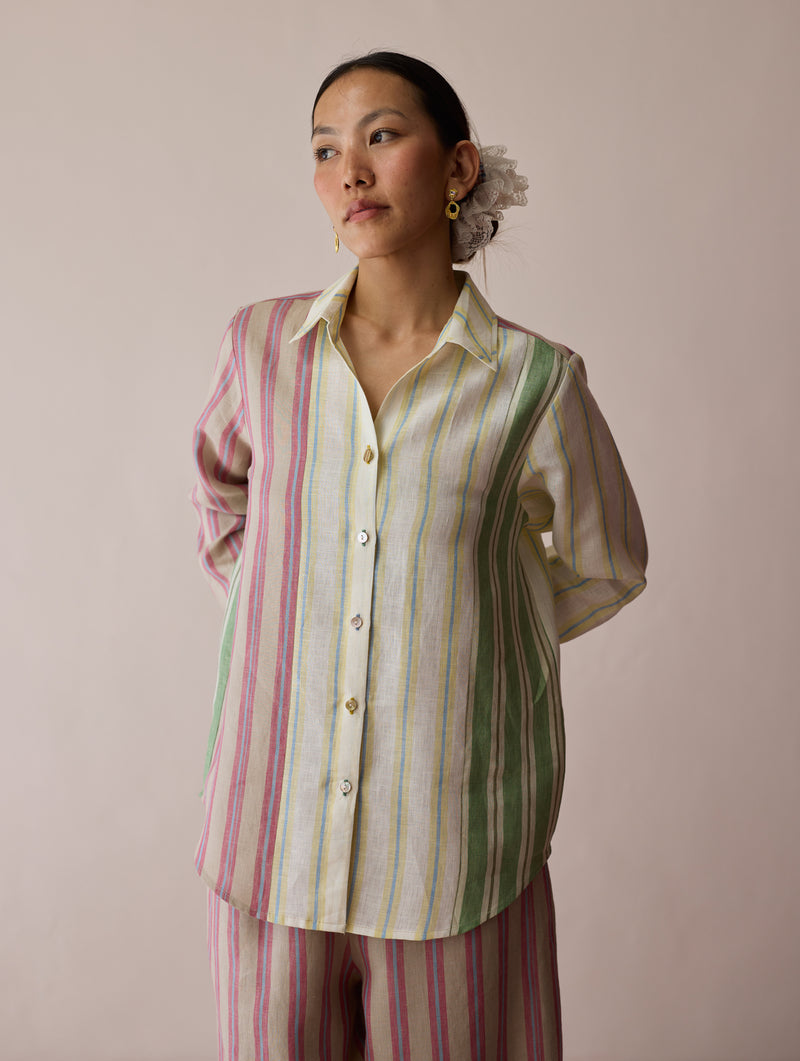 Leena Patchwork Stripe Linen Shirt linen top/shirt by Manan in ivory for women Worldwide