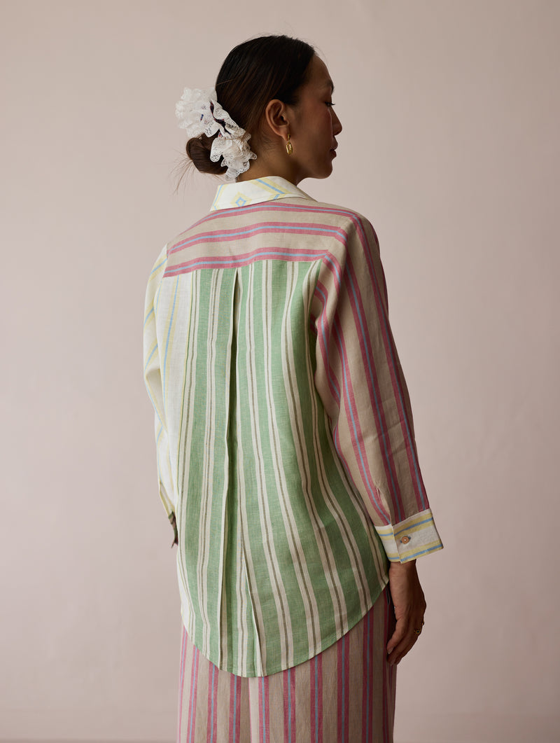 Leena Patchwork Stripe Linen Shirt linen top/shirt by Manan in ivory for women Worldwide