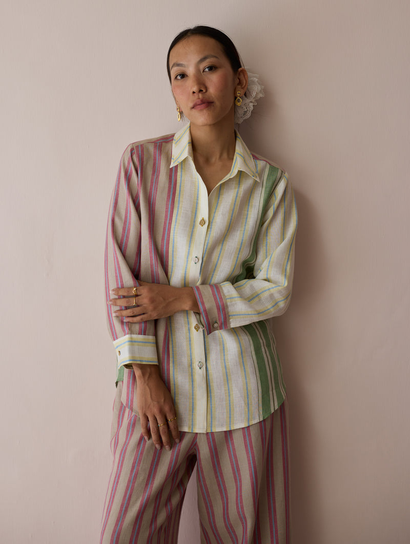 Leena Patchwork Stripe Linen Shirt linen top/shirt by Manan in ivory for women Worldwide