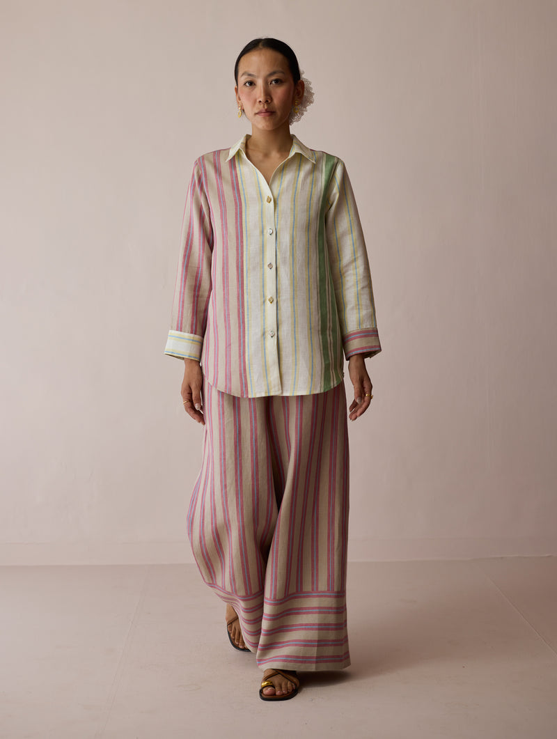 Leena Patchwork Stripe Linen Shirt linen top/shirt by Manan in ivory for women Worldwide