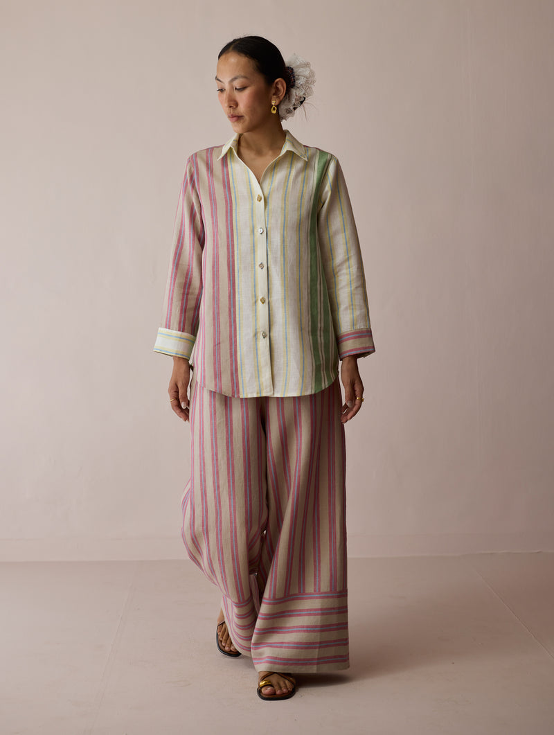 Leena Patchwork Linen Co-ord Set linen co-ord set by Manan in ivory for women Worldwide