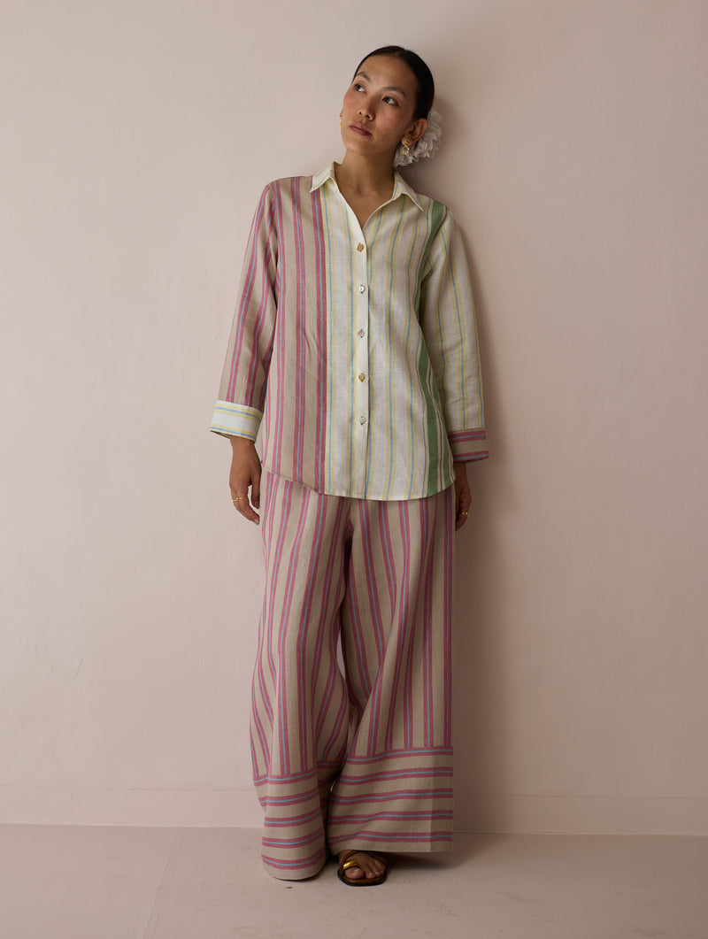 Leena Patchwork Linen Co-ord Set linen co-ord set by Manan in ivory for women Worldwide