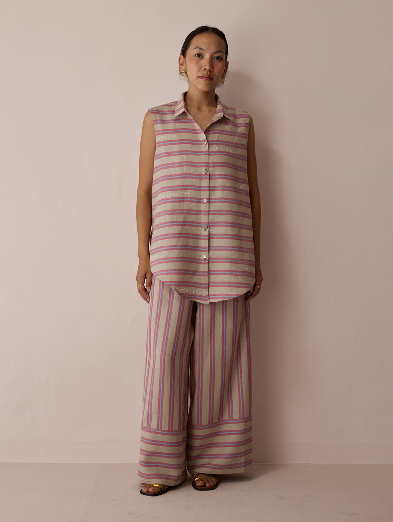 Ello Block-Printed Linen Co-ord-Natural linen co-ord set by Manan in off white for women Worldwide