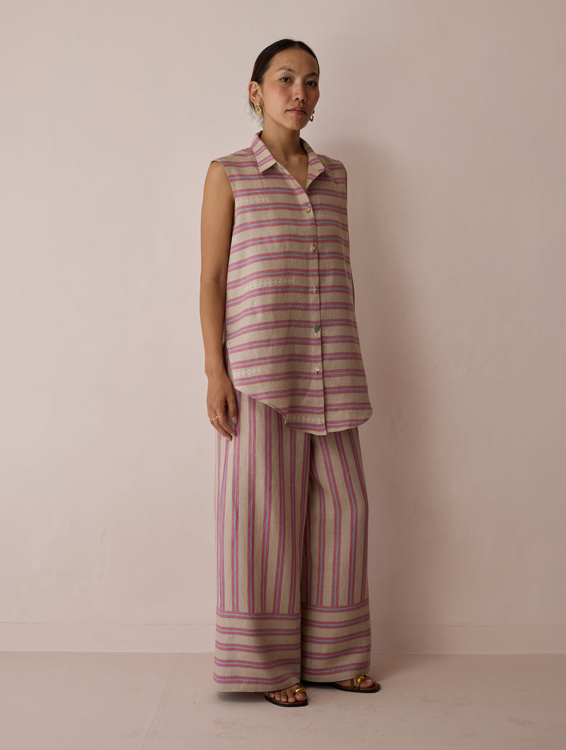 Ello Block-Printed Linen Co-ord-Natural linen co-ord set by Manan in off white for women Worldwide