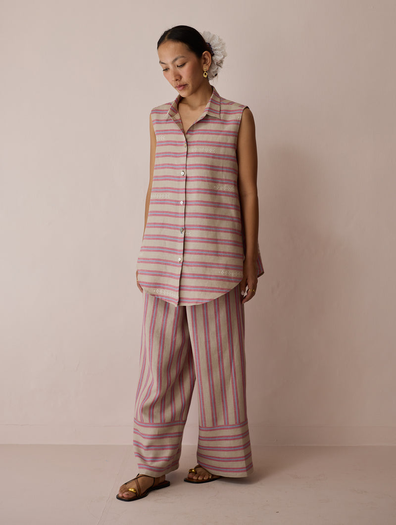 Ello Block-Printed Linen Co-ord-Natural linen co-ord set by Manan in off white for women Worldwide