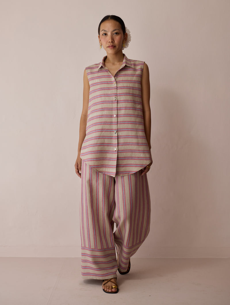 Ello Block-Printed Linen Co-ord-Natural linen co-ord set by Manan in off white for women Worldwide