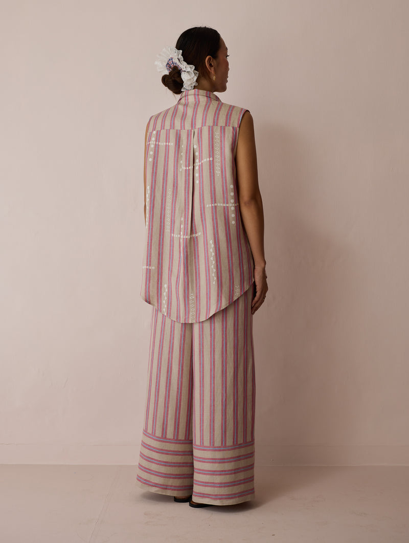 Ello Block-Printed Linen Co-ord-Natural linen co-ord set by Manan in off white for women Worldwide