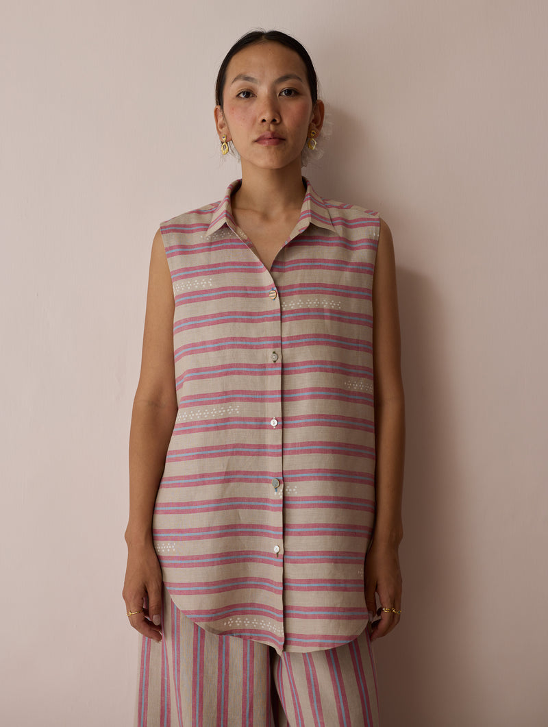 Ello Sleeveless Block-Printed Linen Shirt-Natural linen top/shirt by Manan in off white for women Worldwide