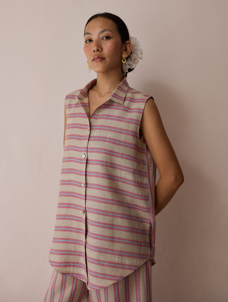 Ello Sleeveless Block-Printed Linen Shirt-Natural linen top/shirt by Manan in off white for women Worldwide