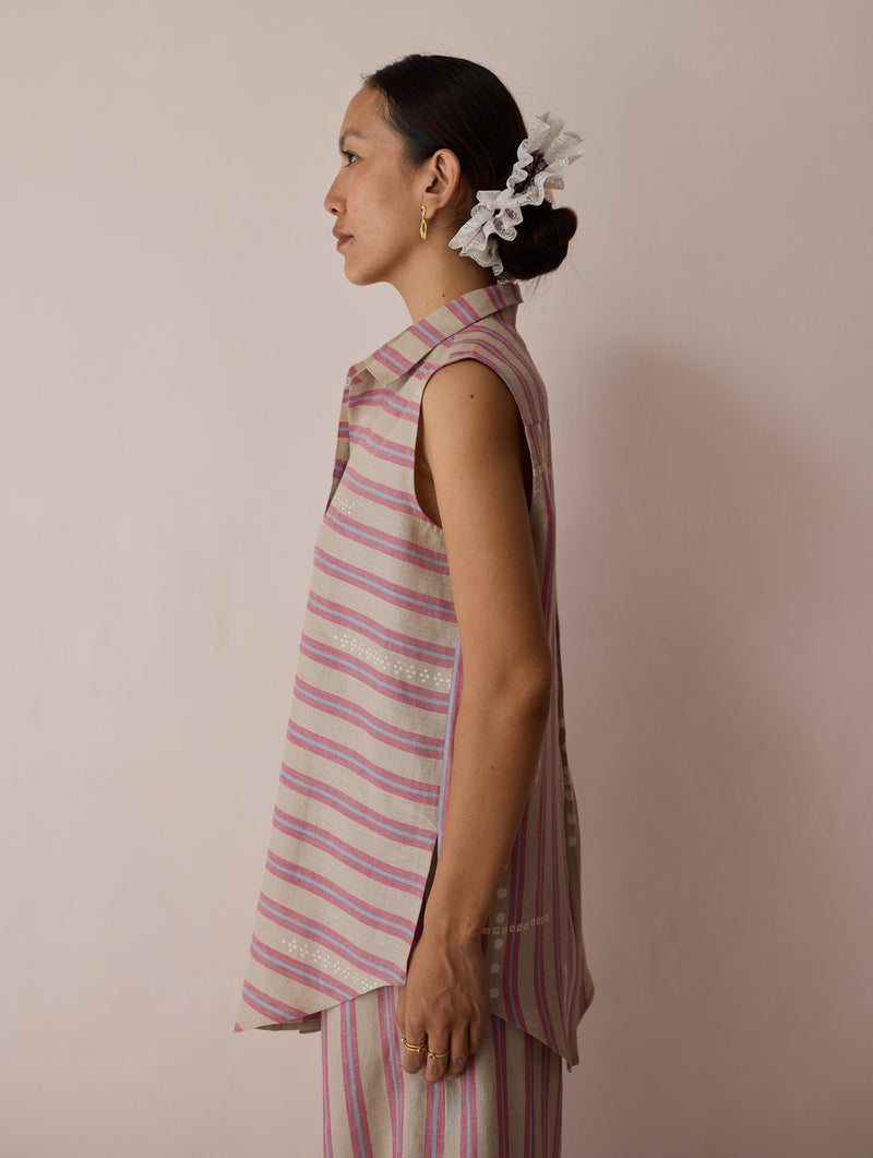 Ello Sleeveless Block-Printed Linen Shirt-Natural linen top/shirt by Manan in off white for women Worldwide
